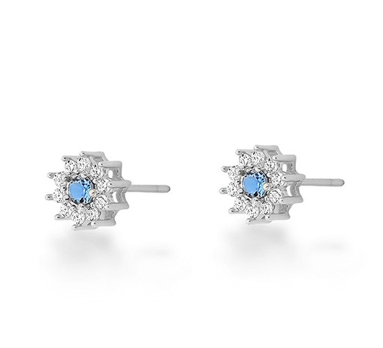 Brinco flor quepquena miolo zirconia azul e cristal em volta. 8mm, prata. 3530232