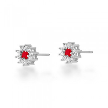 Brinco flor pequena miolo zirconia vermelho rubi e cristal em volta. 8mm, prata. 3530239