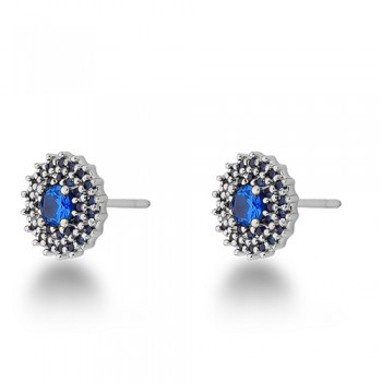 Brinco chuveiro redondo zirconia azul em volta e zirconia maior dentro. 9mm, prata. 3535352