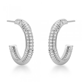Brinco meia argola riscado, centro com zirconia cristal, 17mm, Prata. 3535360