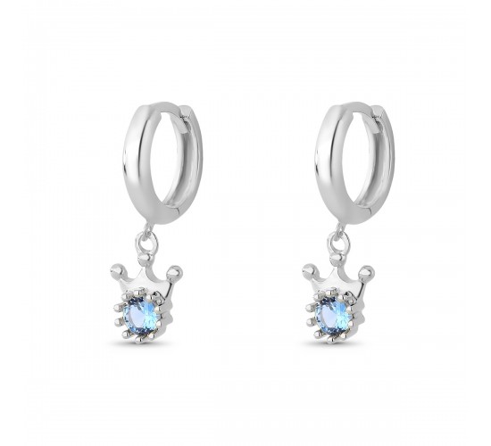 Brinco argola pequena com coroa azul claro pendurada, prata. 3535391