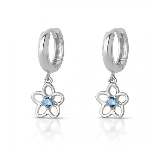 Brinco argola pequena com flor zirconia azul pendurada. 3535401