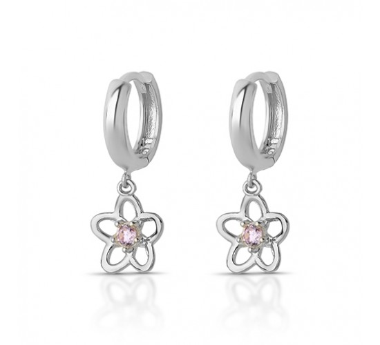 Brinco argola pequena com flor zirconia rosa pendurada. 3535406