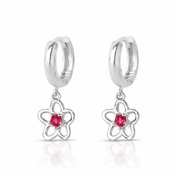 Brinco argola pequena com flor zirconia vermelho rubi pendurada. 3535409