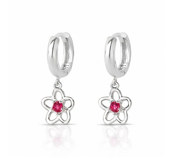 Brinco argola pequena com flor zirconia vermelho rubi pendurada. 3535409