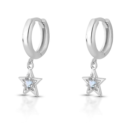 Brinco argola pequena estrela pendurada zirconia azul claro, prata. 3535411