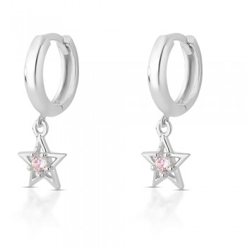 Brinco argola pequena estrela pendurada zirconia rosa claro, prata. 3535416