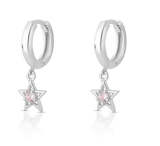 Brinco argola pequena estrela pendurada zirconia rosa claro, prata. 3535416