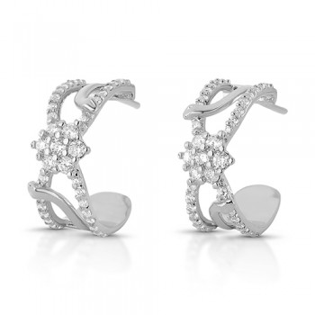 Brinco meia argola 20mm aro vazado lisoe zirconia cristal, flor cristal no meio, Prata. 3535470