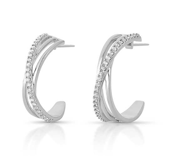Brinco meia argola 20mm, sobreposta aros lisos e um aro com zirconia cristal, Prata. 3535490