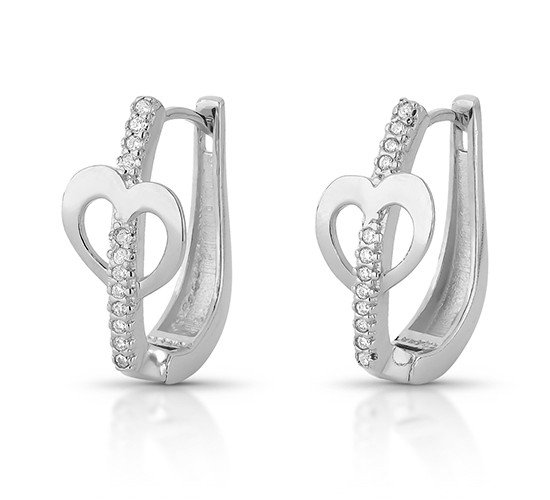 Brinco argola ovalada 22mm, zirconia na frente com coracao liso, Prata. 3535500