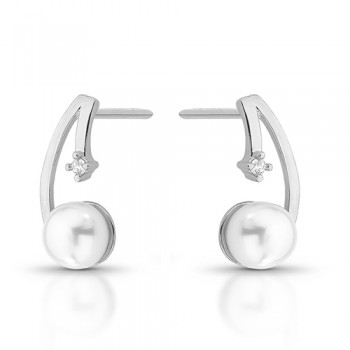 Brinco haste lisa, perola e zirconia cristal nas pontas, Prata. 3535510