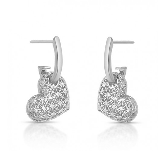 Brinco coração diamantado todo vazado 18x12mm, haste lisa, Prata. 353556