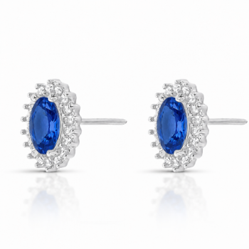 Brinco oval azul safira 10mm com zirconia cristal em volta, prata. 3535592 Brinco oval azul safira 10mm com zirconia cristal em volta, prata. 3535592