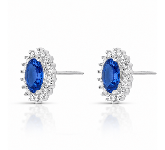 Brinco oval azul safira 10mm com zirconia cristal em volta, prata. 3535592