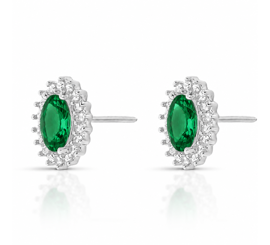 Brinco oval verde esmeralda 10mm com zirconia cristal em volta, prata. 3535598