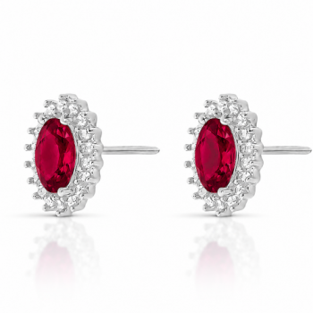 Brinco oval vermelho rubi 10mm com zirconia cristal em volta, prata. 3535599