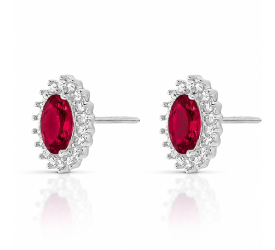 Brinco oval vermelho rubi 10mm com zirconia cristal em volta, prata. 3535599