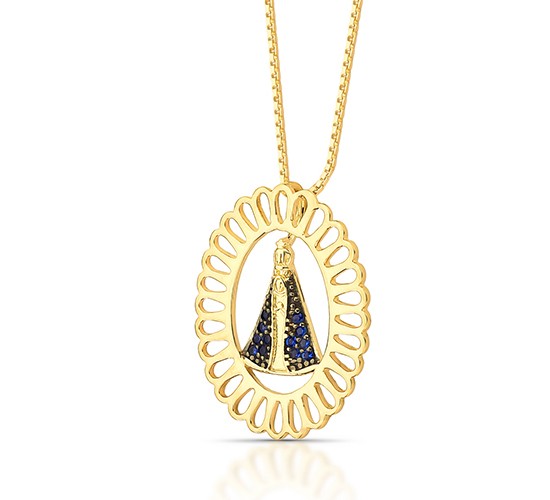 Colar Nossa Senhora Aparecida zirconia azul safira com aro oval vazado, 16x13mm. 160033
