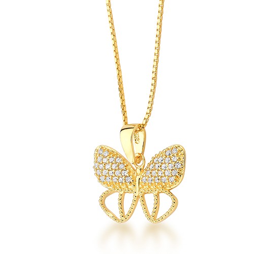 Colar borboleta asas com zirconia cristal em cima e vazada embaixo, corrente 45cm. 8x13mm. 1600360
