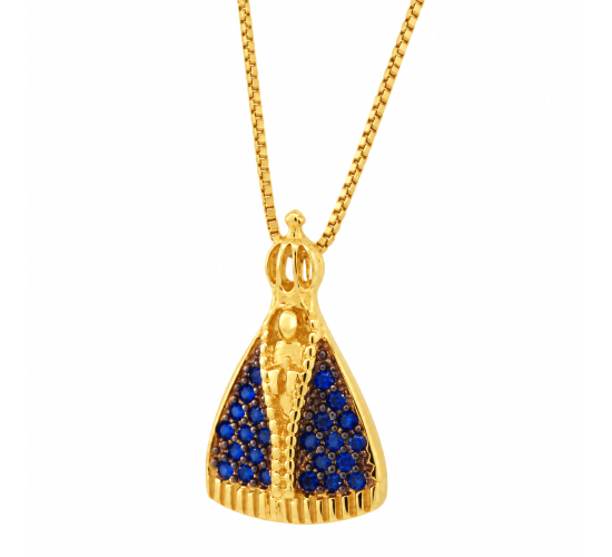 Colar Nossa Senhora Aparecida pequena com manto zirconia azul, 12x6mm. 160336
