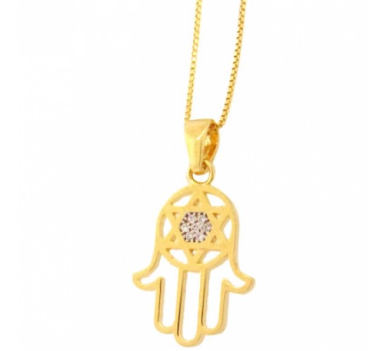 Colar mao de fatima com estrela de davi no centro zirconia cristal. 13x9mm. 160854