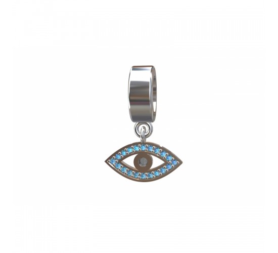 Berloque olho grego em prata com zirconia azul claro em volta e negra no centro. 361183
