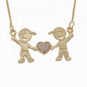 Colar 2 meninos com coracao no meio zirconia cristal. 8x16mm. 161212