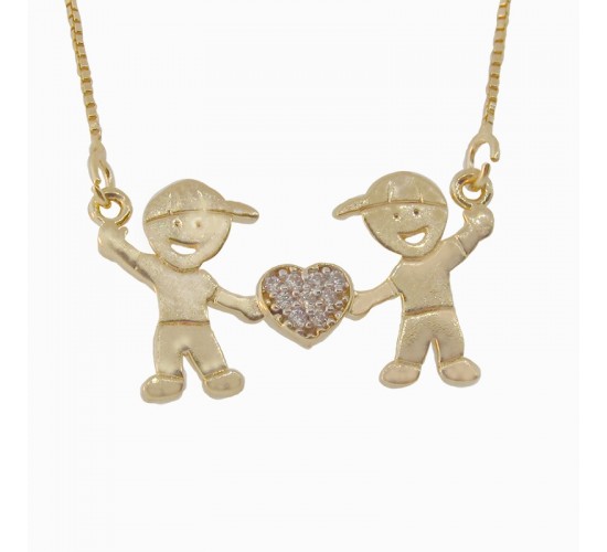 Colar 2 meninos com coracao no meio zirconia cristal. 8x16mm. 161212