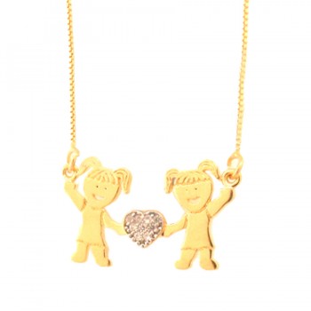Colar 2 meninas com coracao no meio zirconia cristal. 8x16mm. 161214