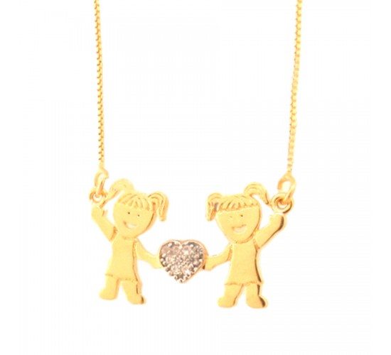 Colar 2 meninas com coracao no meio zirconia cristal. 8x16mm. 161214