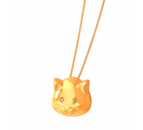 Colar rosto gato liso com olhos zirconia cristal. 7x10mm. 161269