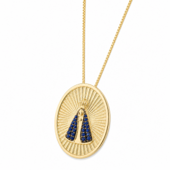 Colar medalha oval Nossa Senhora Aparecida com manto zirconia azul e detalhes, 15x10mm. 161465 Colar medalha oval Nossa Senhora Aparecida com manto zirconia azul e detalhes, 15x10mm. 161465