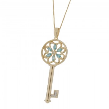 Colar chave flor navetes azul agua marinha com detalhes zirconia cristal. 38mm. 161496