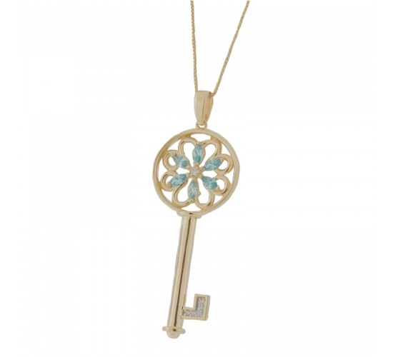 Colar chave flor navetes azul agua marinha com detalhes zirconia cristal. 38mm. 161496