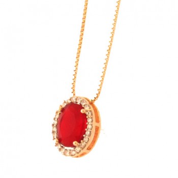 Colar oval pedra maior vermelho rubi com zirconia cristal em volta. 6x4mm. 161511