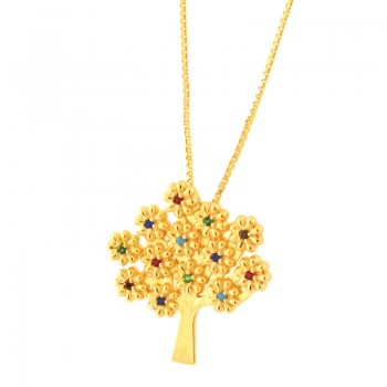 Colar arvore com flores zirconia colorida. 161568