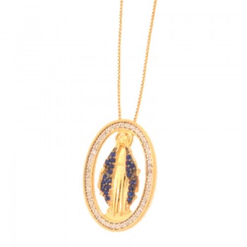 Colar Nossa Senhora Das Gracas manto zirconia azul safira com aro oval zirconia cristal. 161605
