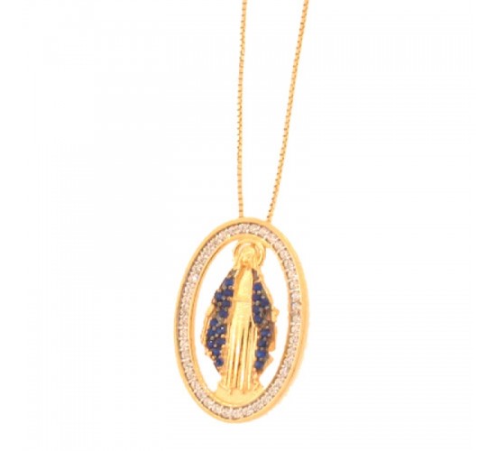 Colar Nossa Senhora Das Gracas manto zirconia azul safira com aro oval zirconia cristal. 161605