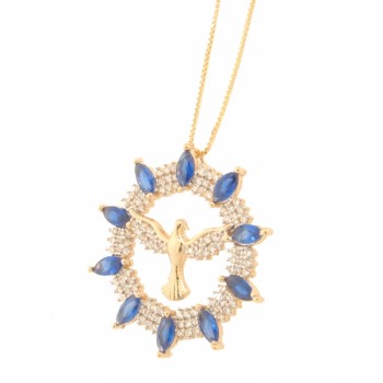 Colar Divino aro redondo em voltar com navete azul safira e zirconia crital. 24mm. 161606