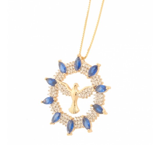 Colar Divino aro redondo em voltar com navete azul safira e zirconia crital. 24mm. 161606