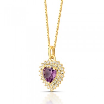 Colar coracao pedra maior lilas ametista zirconia cristal em volta. 12x9mm. 161607