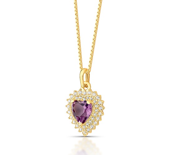 Colar coracao pedra maior lilas ametista zirconia cristal em volta. 12x9mm. 161607