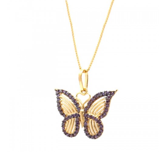 Colar borboleta pequena vazada com zirconia lilas em volta. 10x14mm. 161623