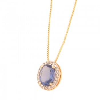 Colar oval pedra maior azul tanzanita com zirconia cristal em volta. 6x4mm. 161626