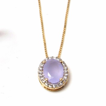 Colar oval pedra maior calcedonia com zirconia cristal em volta. 161627