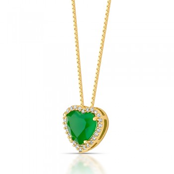 Colar coracao pedra maior verde esmeralda com zirconia cristal em volta. 6x6mm. 161633