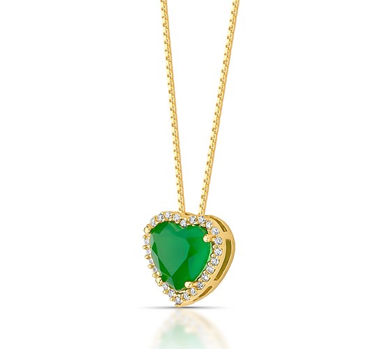 Colar coracao pedra maior verde esmeralda com zirconia cristal em volta. 6x6mm. 161633