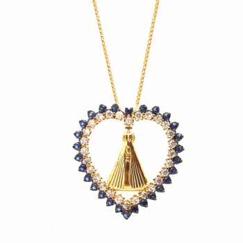 Colar coracao zirconia azul na borda, zirconia cristal dentro com Nossa Senhora Aparecida. 161635