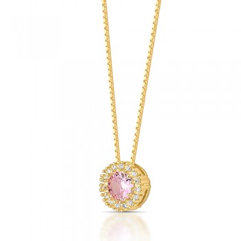 Colar chuveiro redondo pedra maior rosa claro com zirconia cristal em volta. 161656